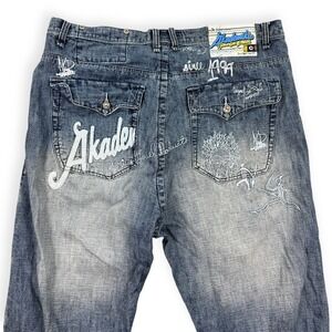 Y2K Akademiks Jeans Mens 40 Blue Faded Straight Leg Whiskered Streetwear Skater